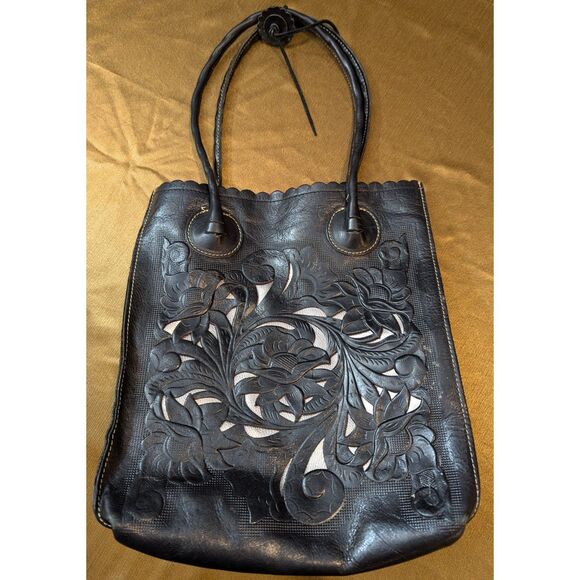 Patricia Nash Italian Leather Cutout Floral Tote Black, Pink + Removable Insert - Picture 1 of 8